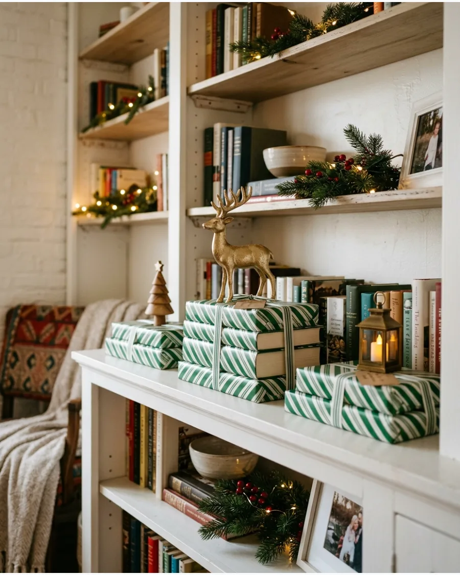84. Wrapped Book Christmas Shelf