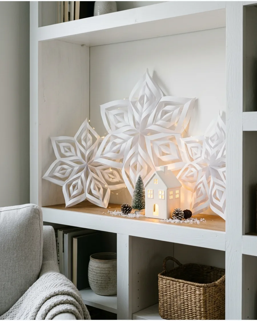 89. DIY Paper Snowflake Shelf