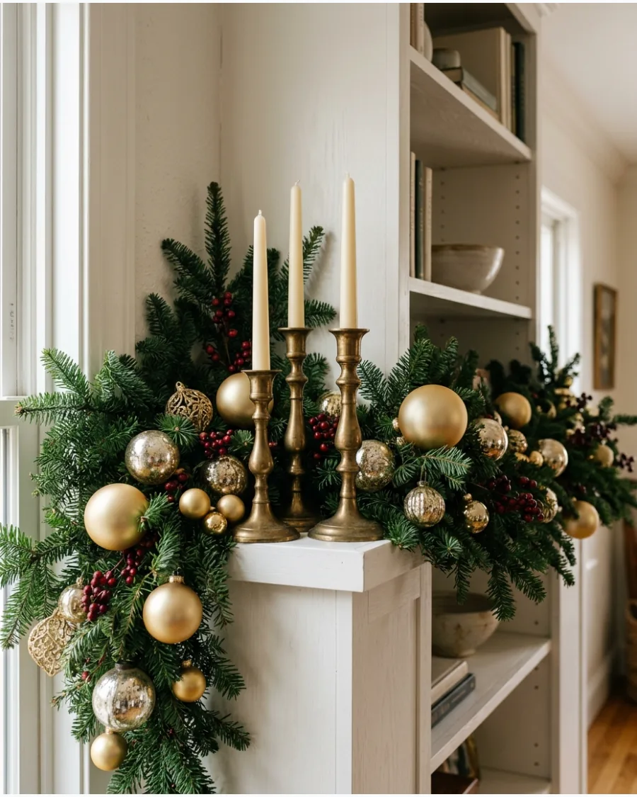 9. Traditional Gold Christmas Shelf
