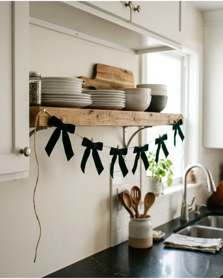 90. DIY Christmas Bow Garland Shelf