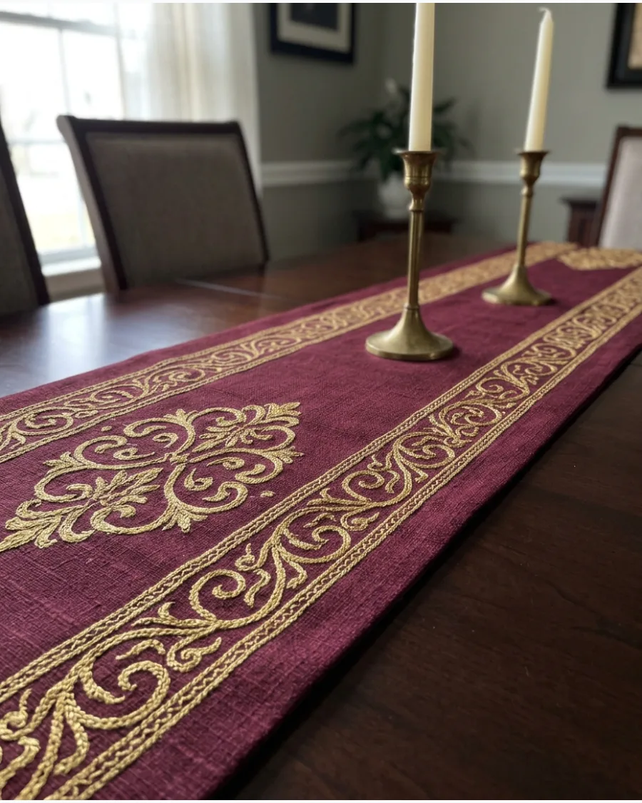 18. Burgundy and Gold Christmas Table Runner