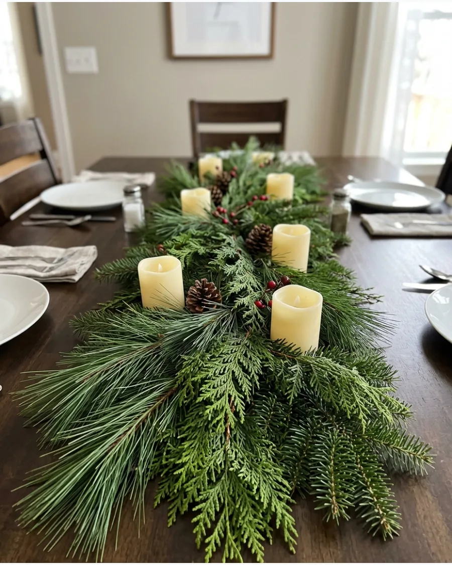 21. Fresh Evergreen Christmas Table Runner