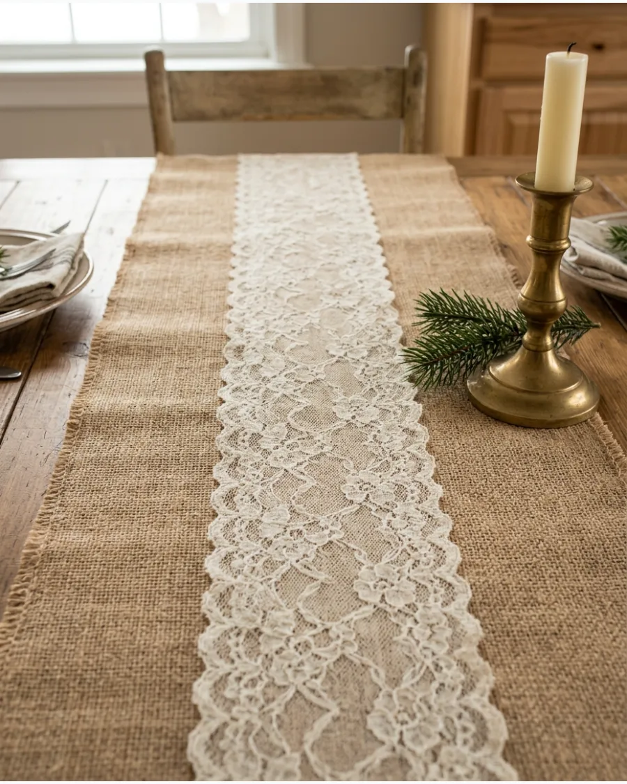32. Burlap and Lace Christmas Table Runner