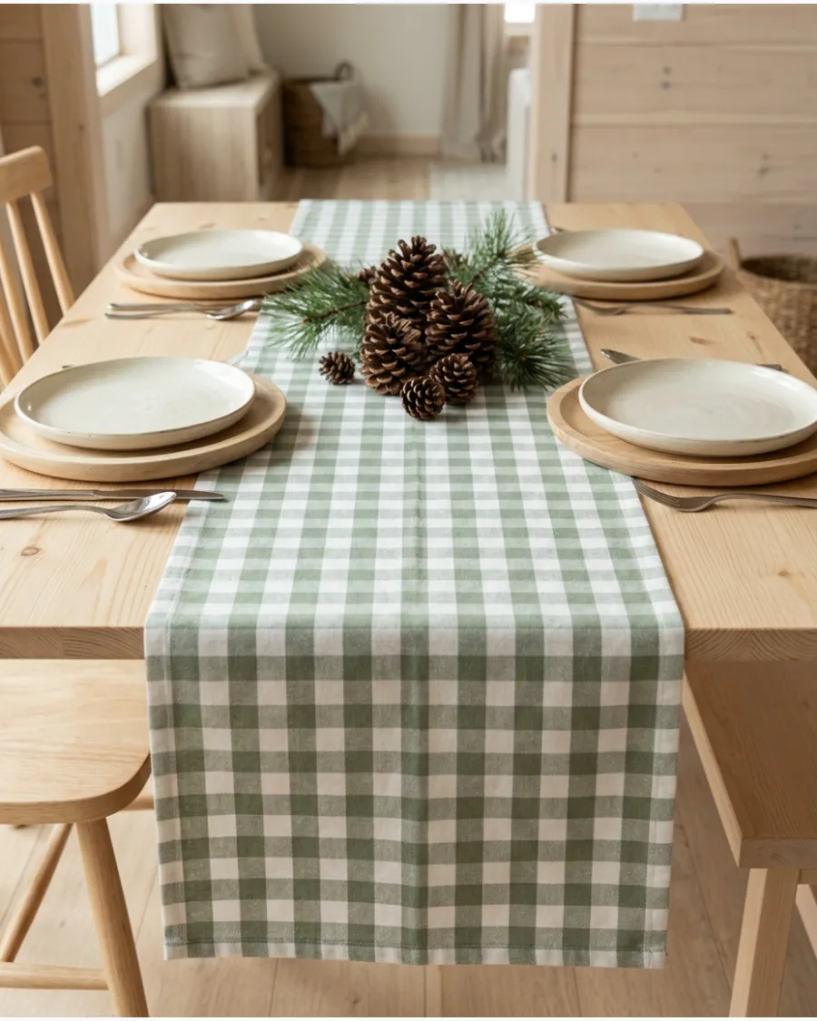 34. Green Gingham Christmas Table Runner