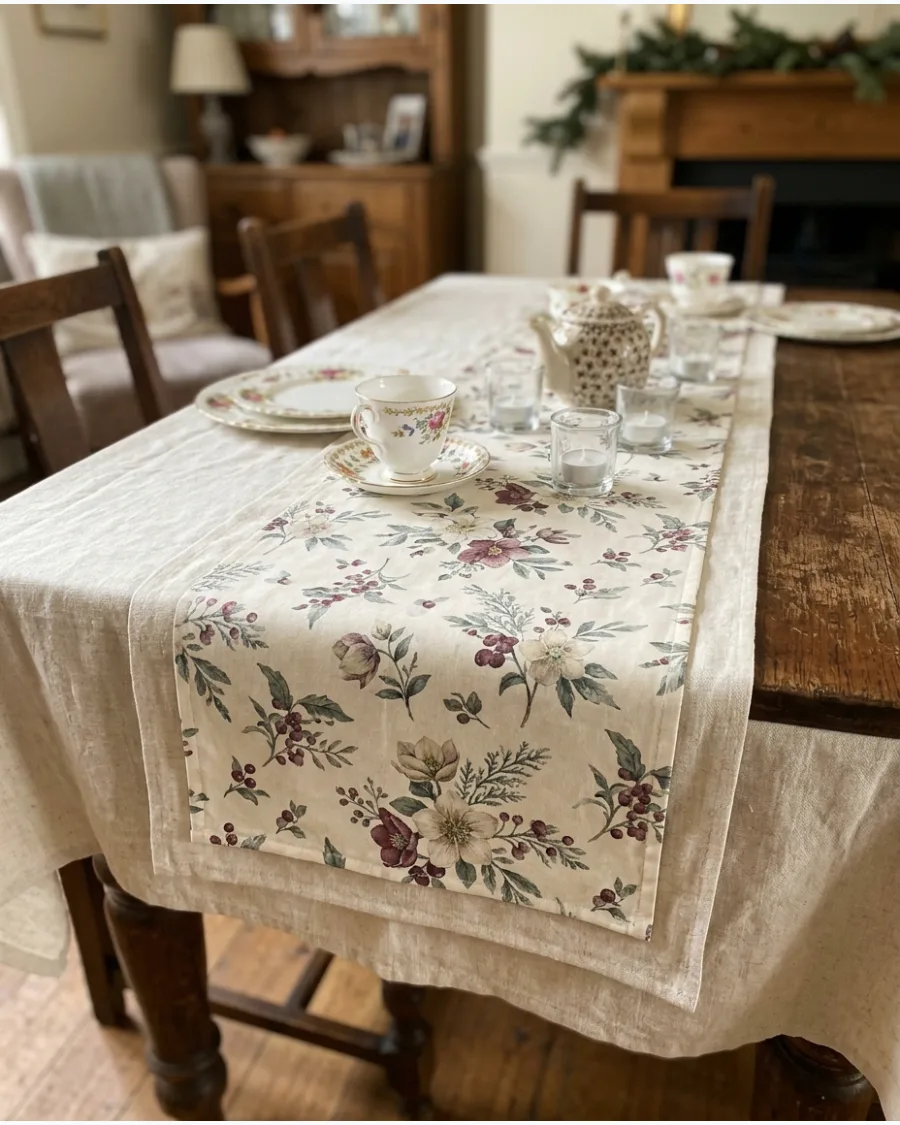 35. Cottage Christmas Floral Table Runner