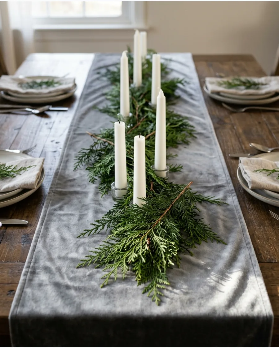 50. Layered Christmas Table Runner With Greenery and Candles