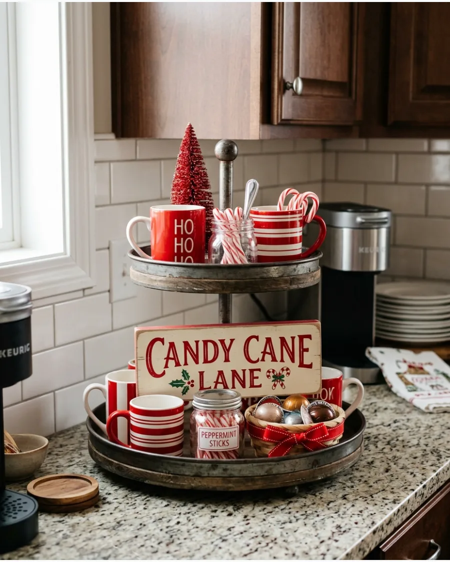 28. Candy Cane Coffee Bar Tiered Tray