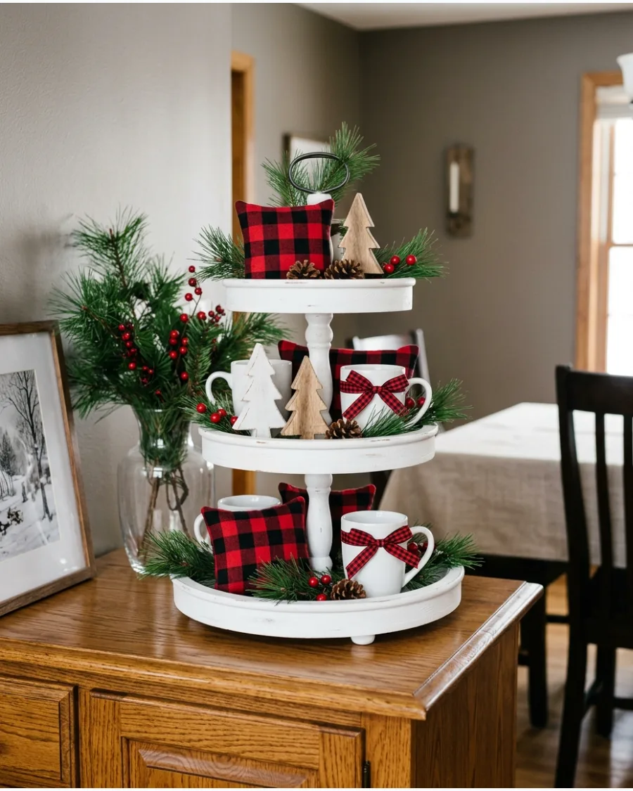 32. Buffalo Plaid Christmas Tiered Tray