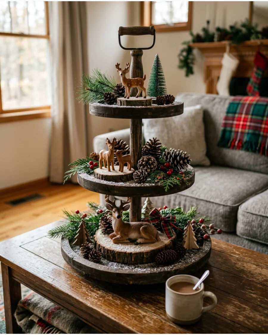 33. Rustic Woodland Christmas Tiered Tray