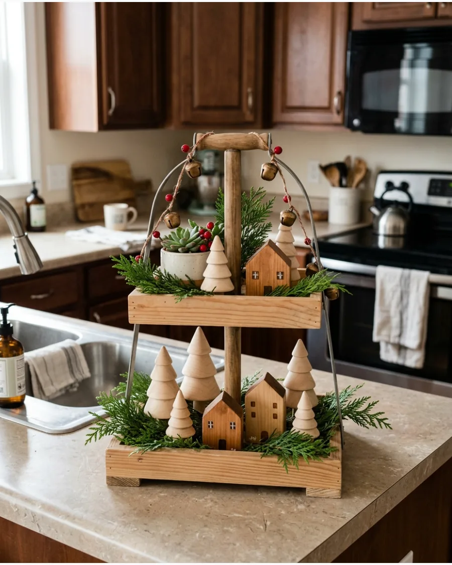 36. Wood and Greenery Christmas Tiered Tray