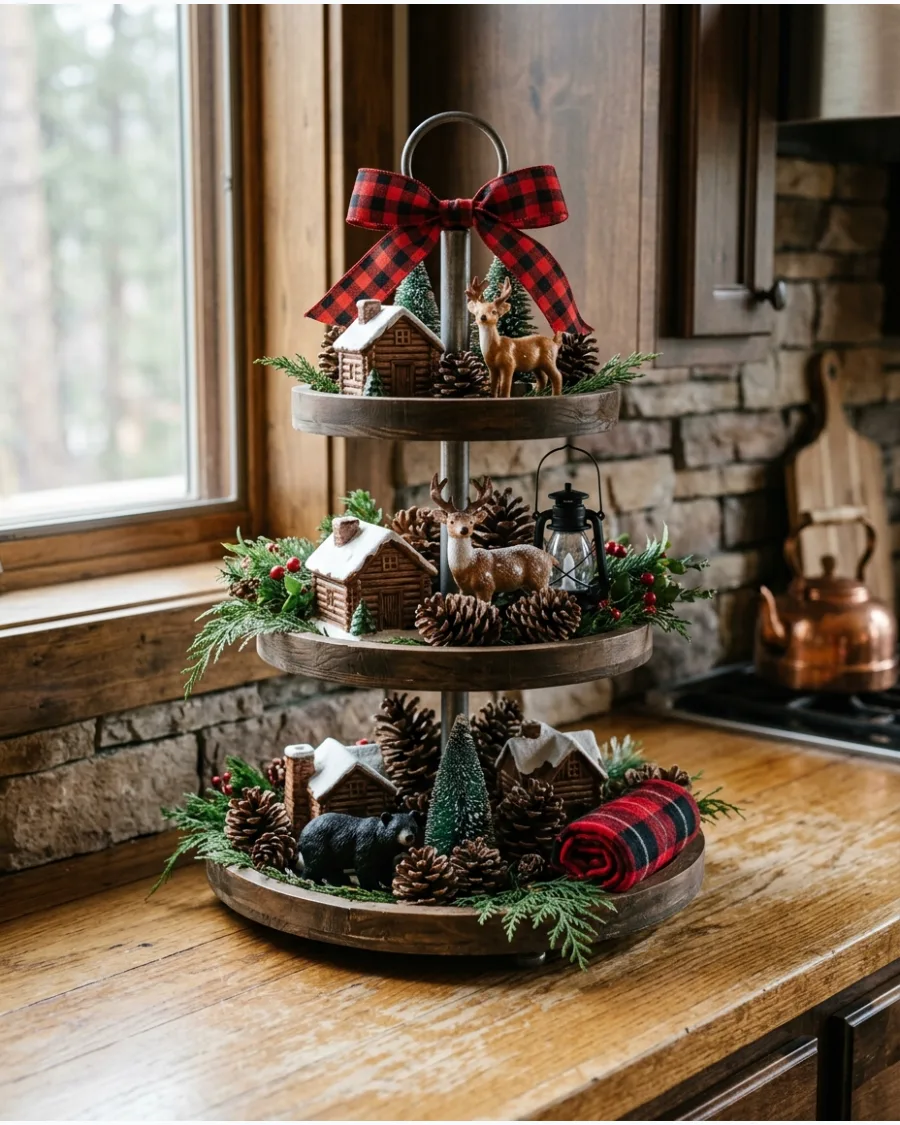 39. Rustic Cabin Christmas Tiered Tray