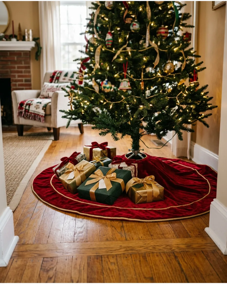 1. Classic Red Velvet Christmas Tree Skirt