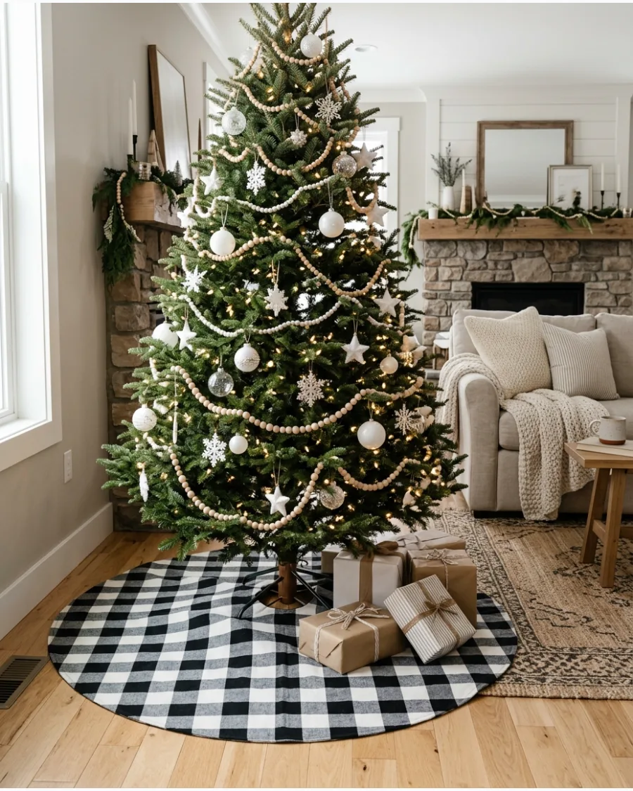 10. Black and White Buffalo Plaid Tree Skirt