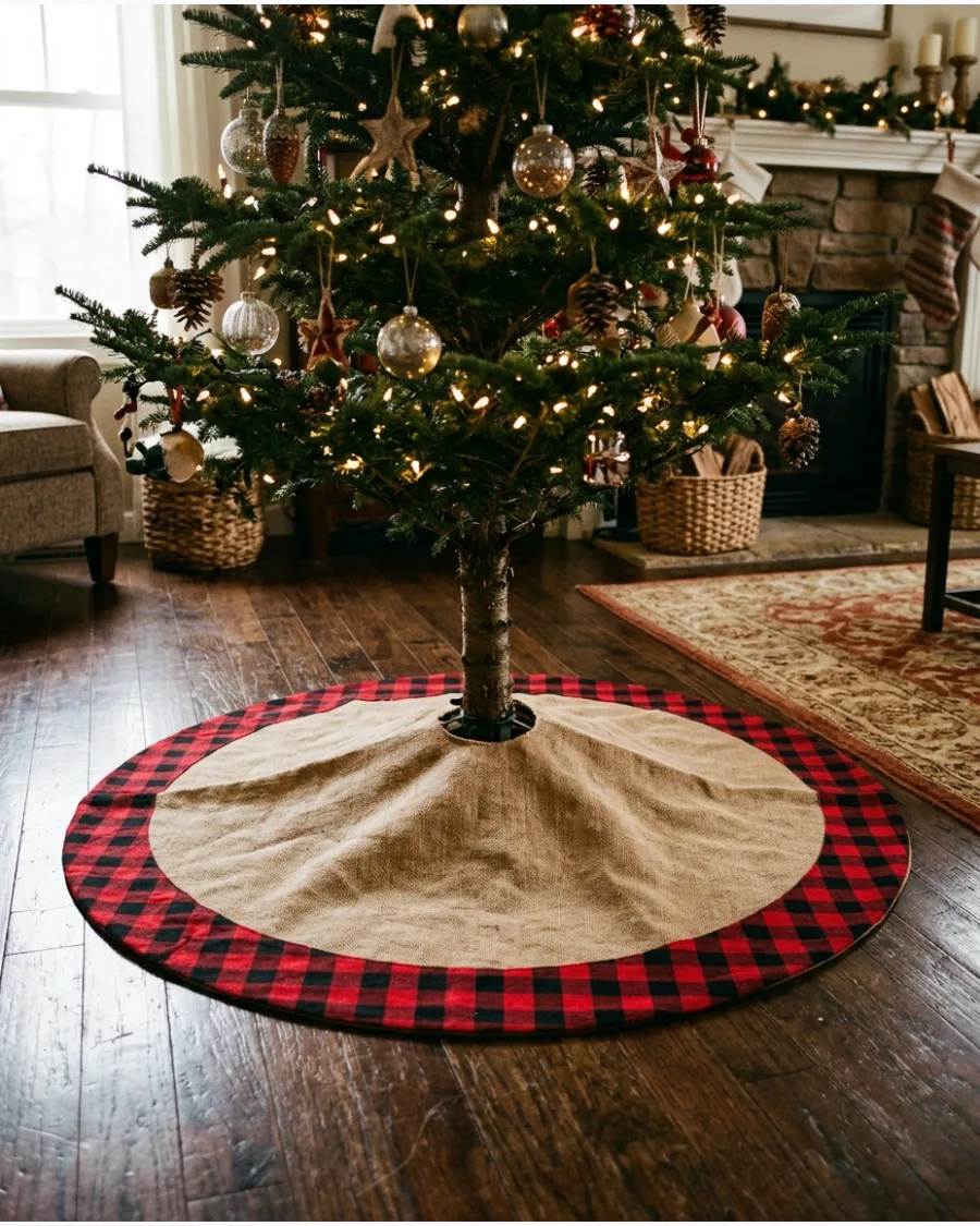 11. Burlap and Plaid Christmas Tree Skirt