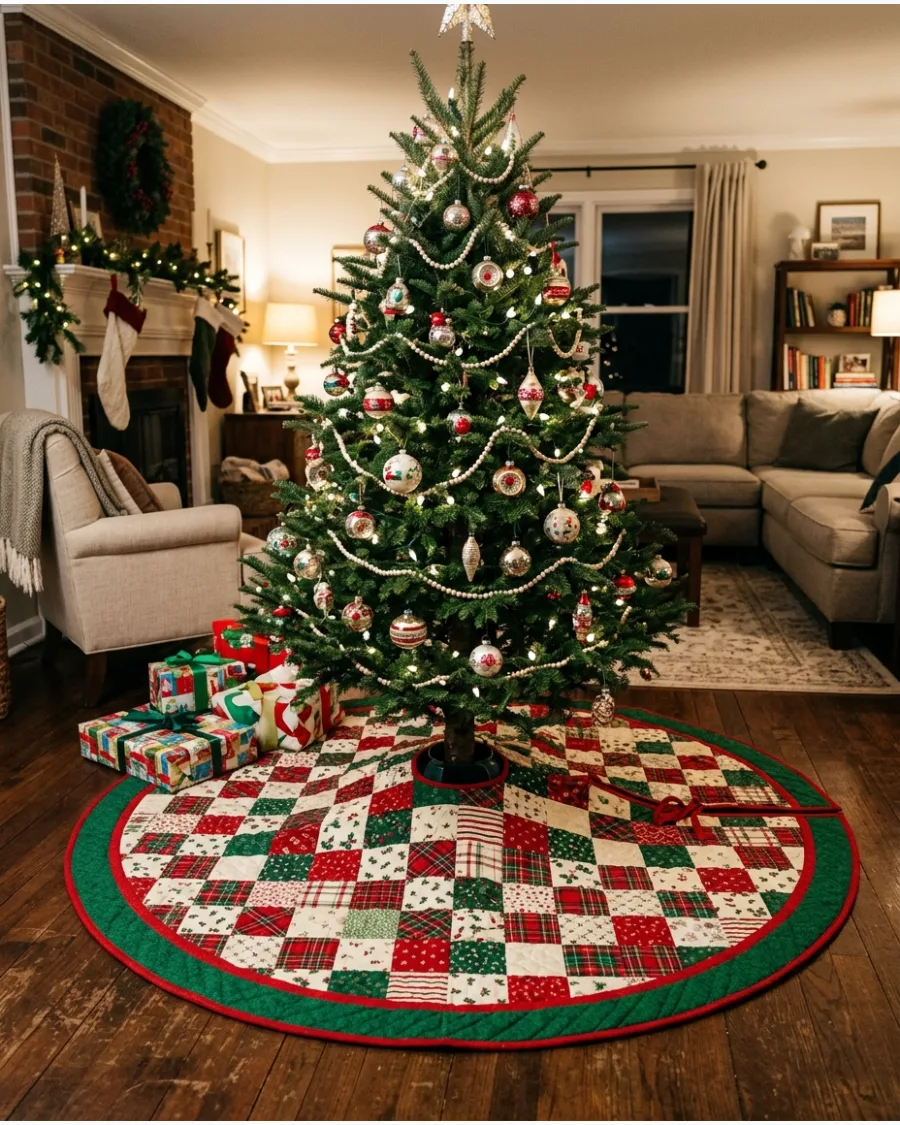 17. Traditional Patchwork Christmas Tree Skirt