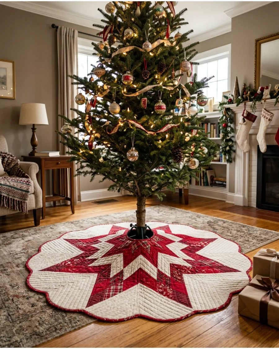 18. Star Pattern Quilted Christmas Tree Skirt