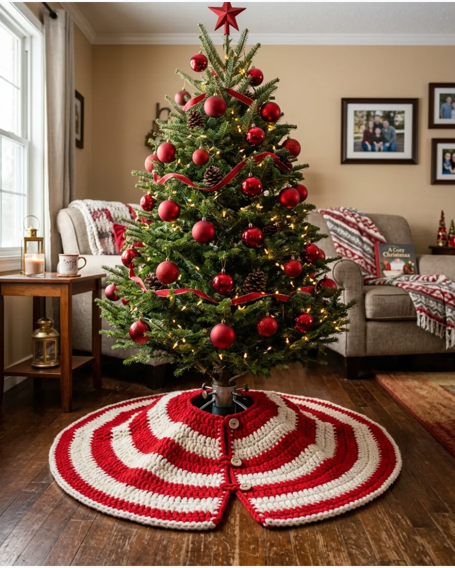 27. Red and White Crochet Tree Skirt