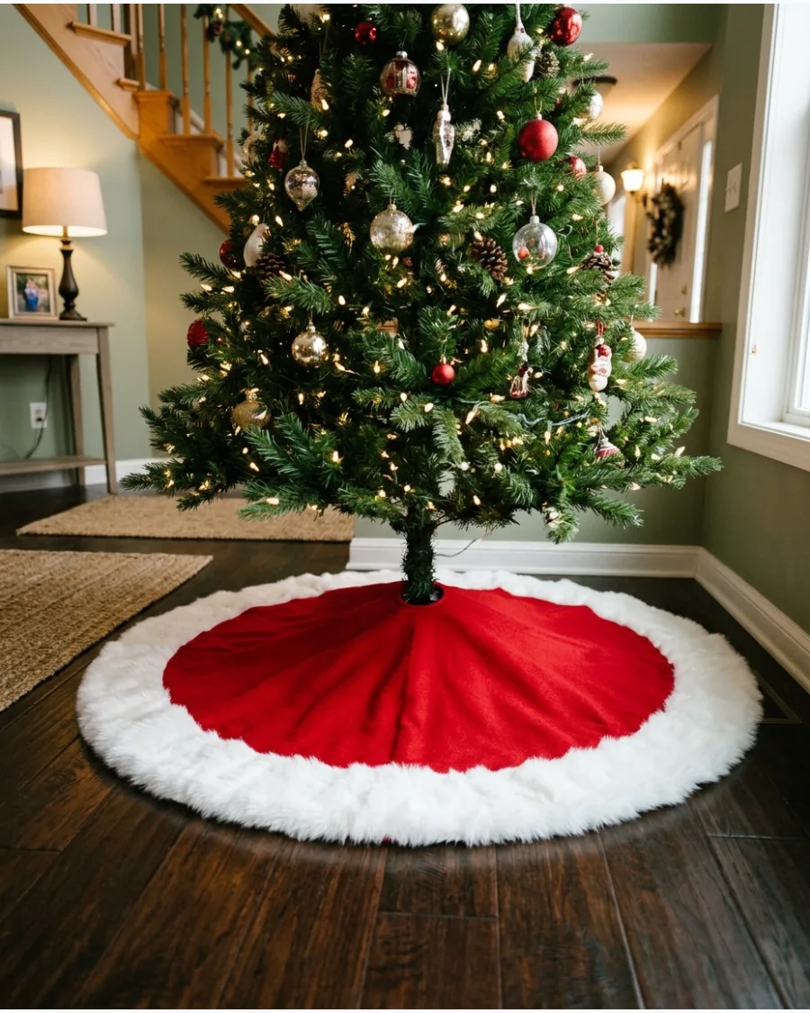 3. Red Tree Skirt With White Faux Fur Trim