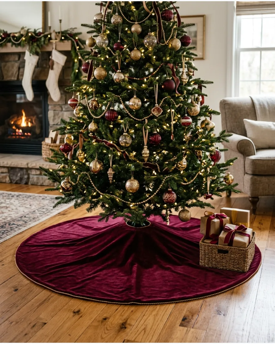 6. Burgundy Velvet Christmas Tree Skirt