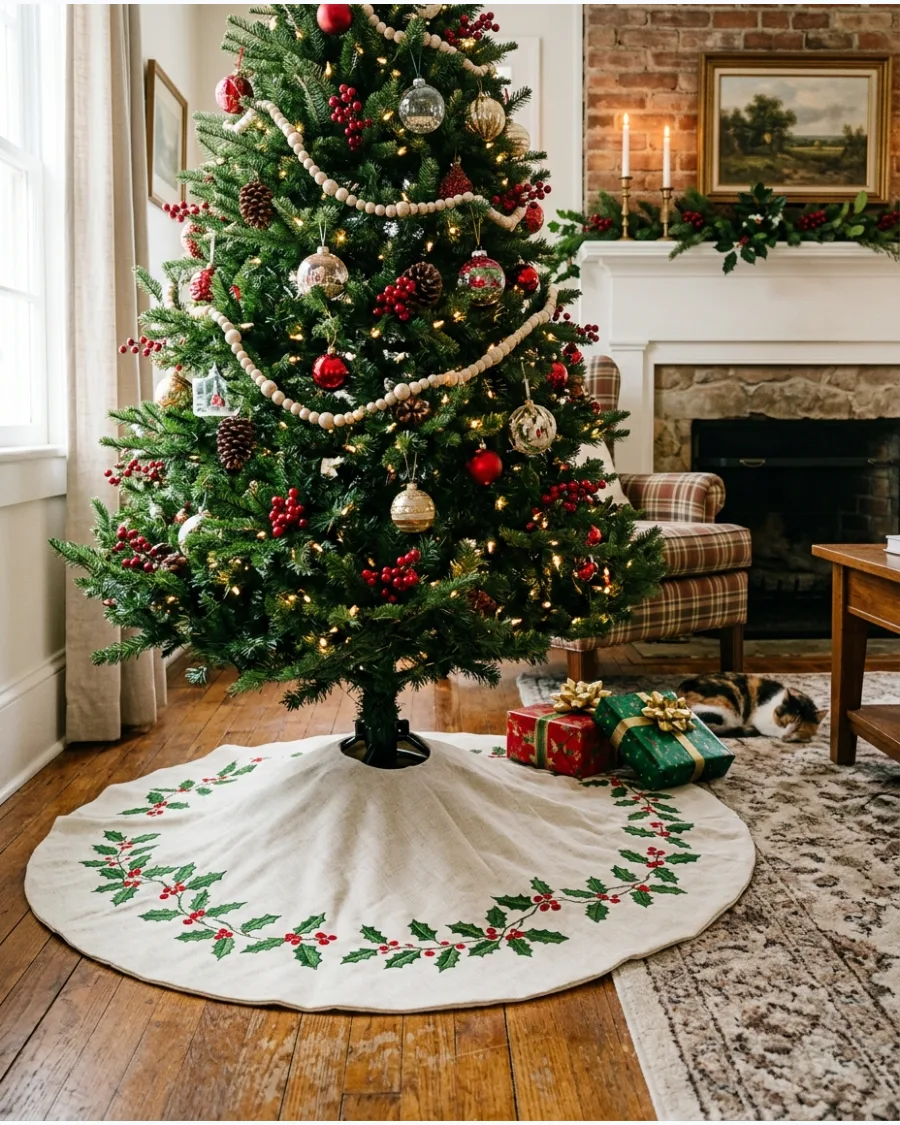 7. Traditional Holly Christmas Tree Skirt
