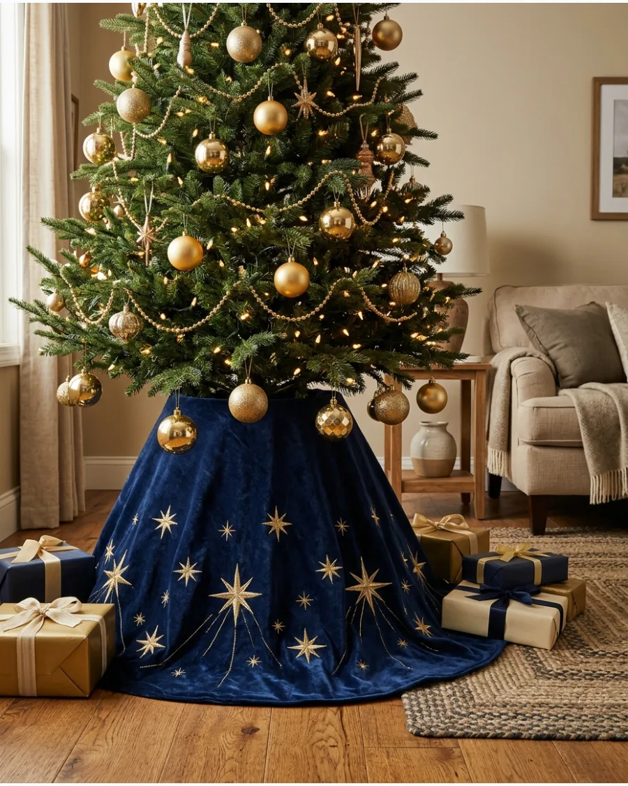 8. Christmas Tree Skirt With Gold Star Details