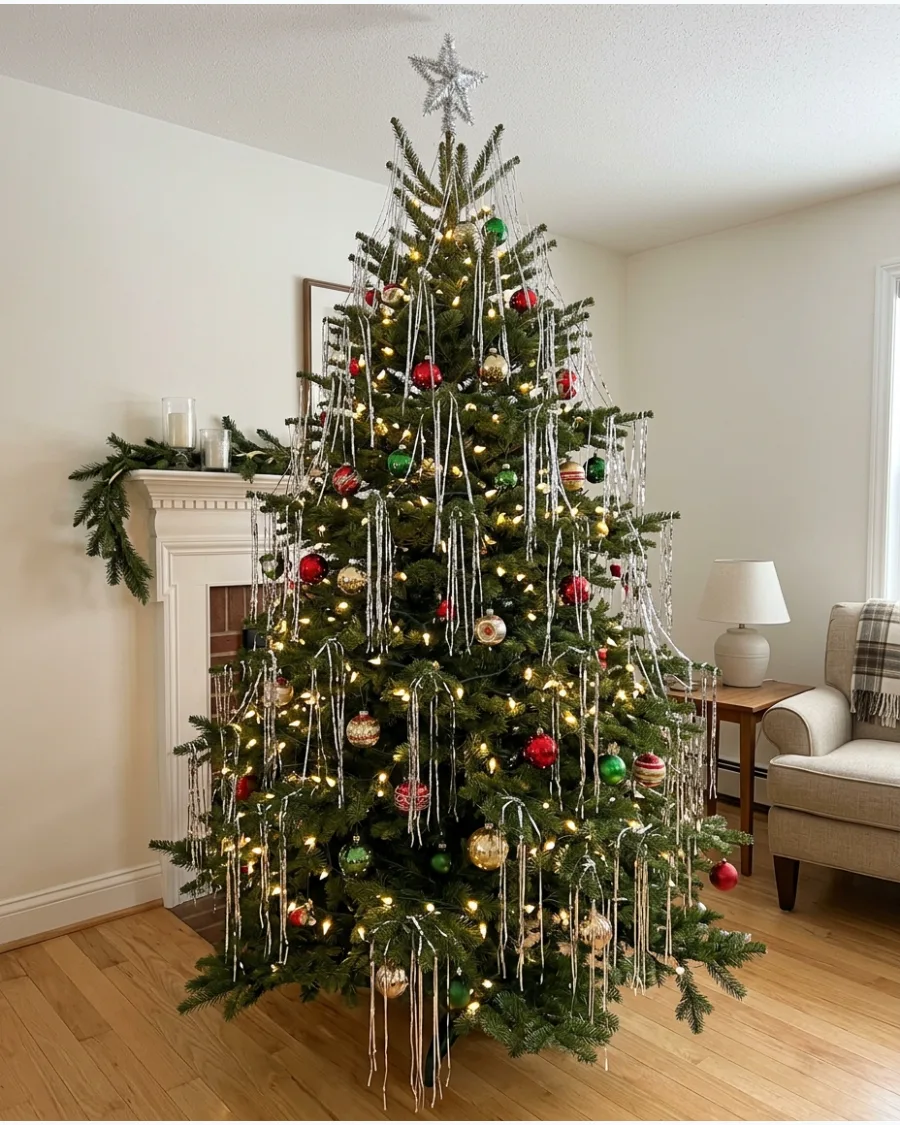 1. Classic Silver Tinsel Christmas Tree