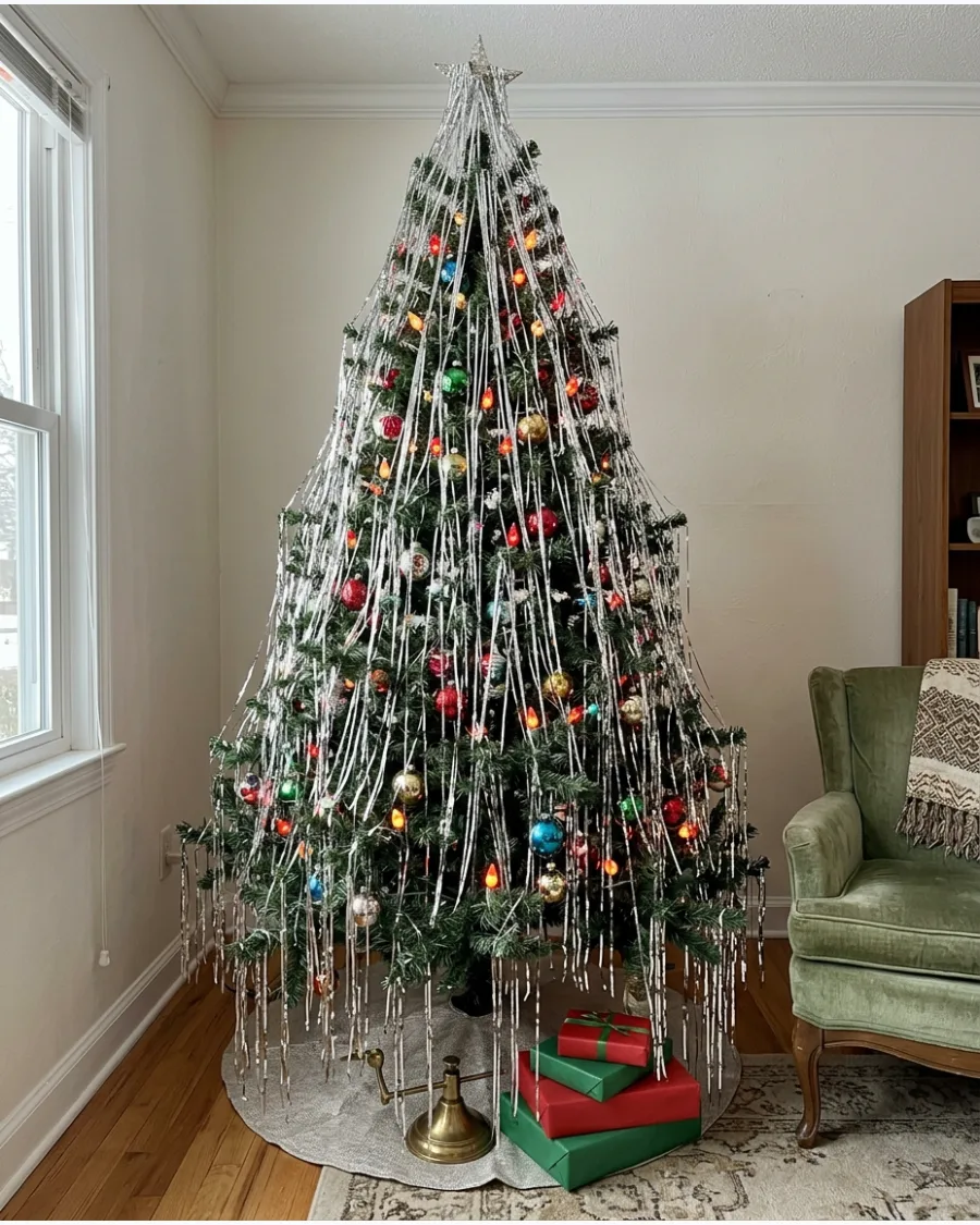 10. Heavily Tinselled Vintage Christmas Tree