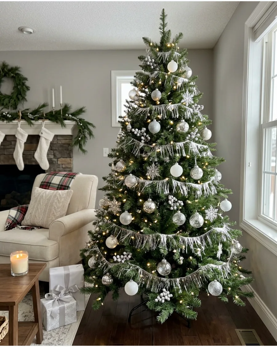 11. Elegant Silver Tinsel Christmas Tree