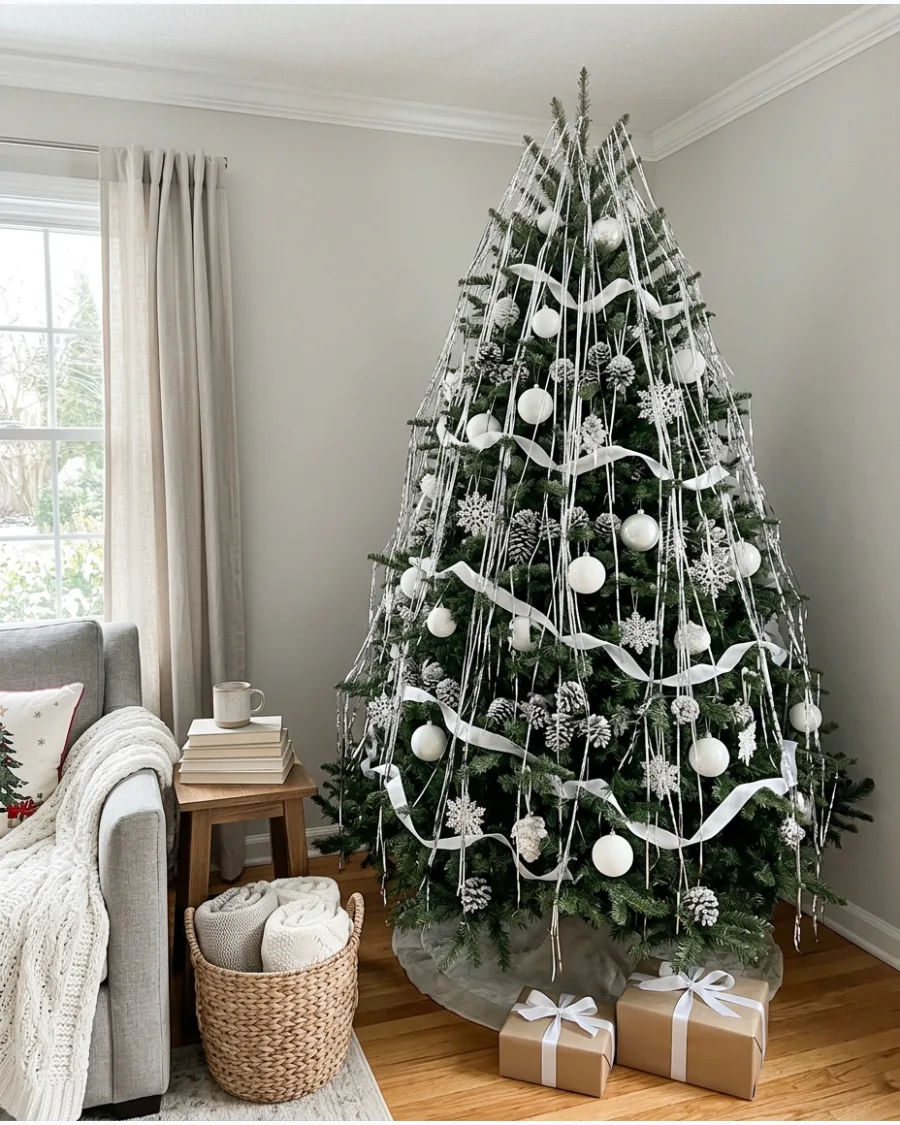 13. Silver and White Christmas Tree With Tinsel