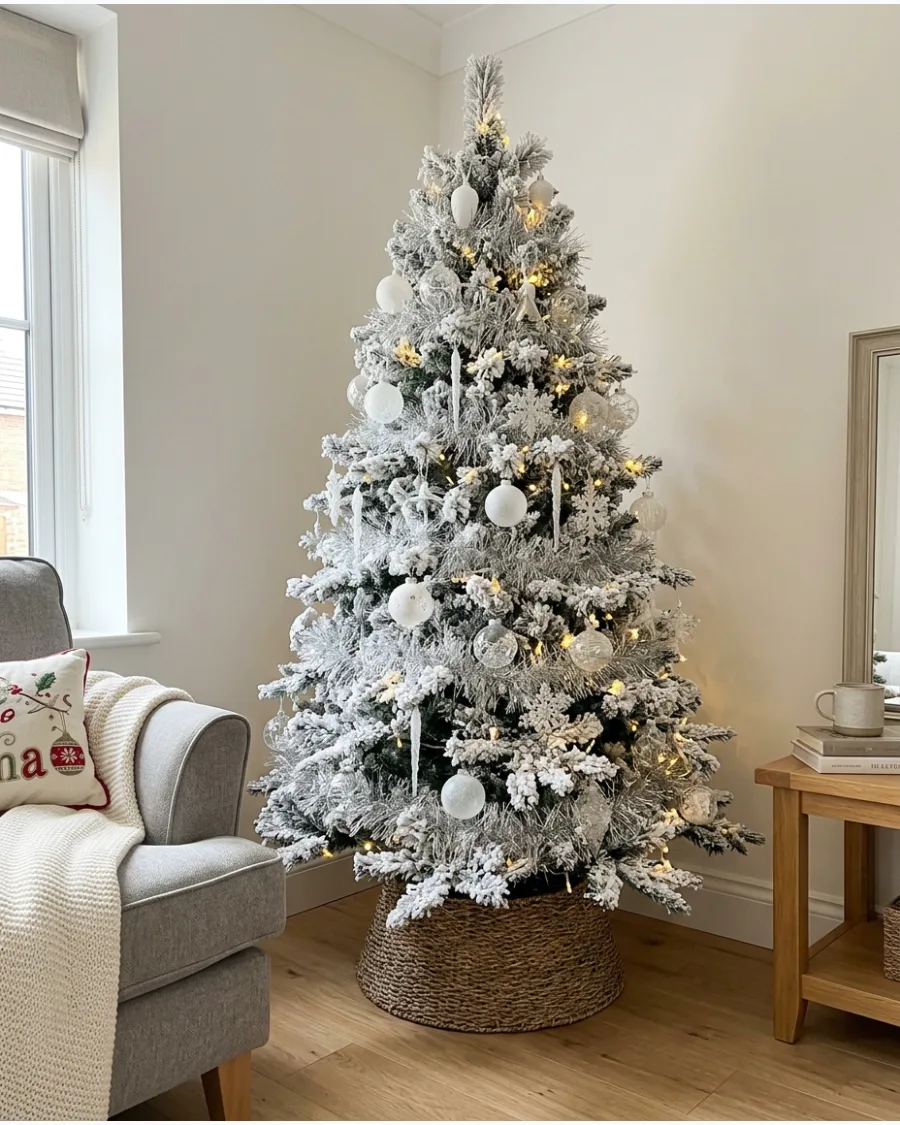14. Snowy Flocked Tree With Silver Tinsel