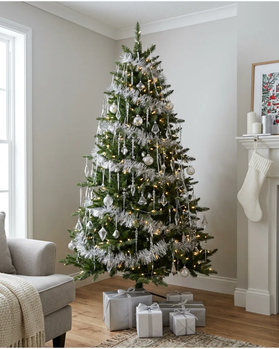 15. Silver Tinsel and Crystal Ornament Tree