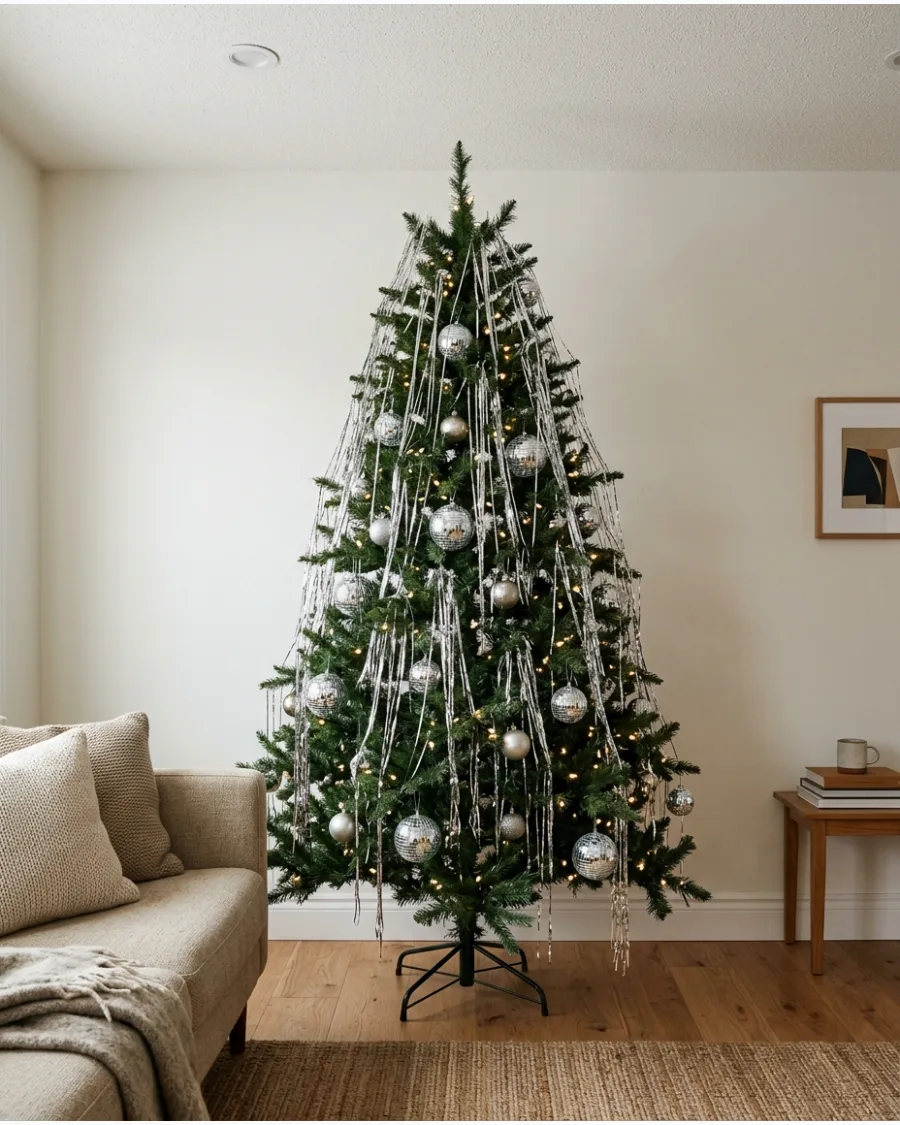 16. Silver Tinsel and Disco Ball Christmas Tree