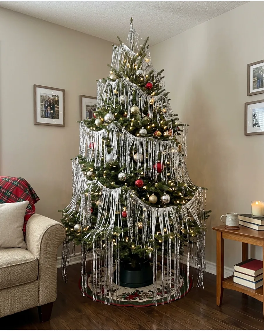 18. Silver Tinsel Waterfall Christmas Tree