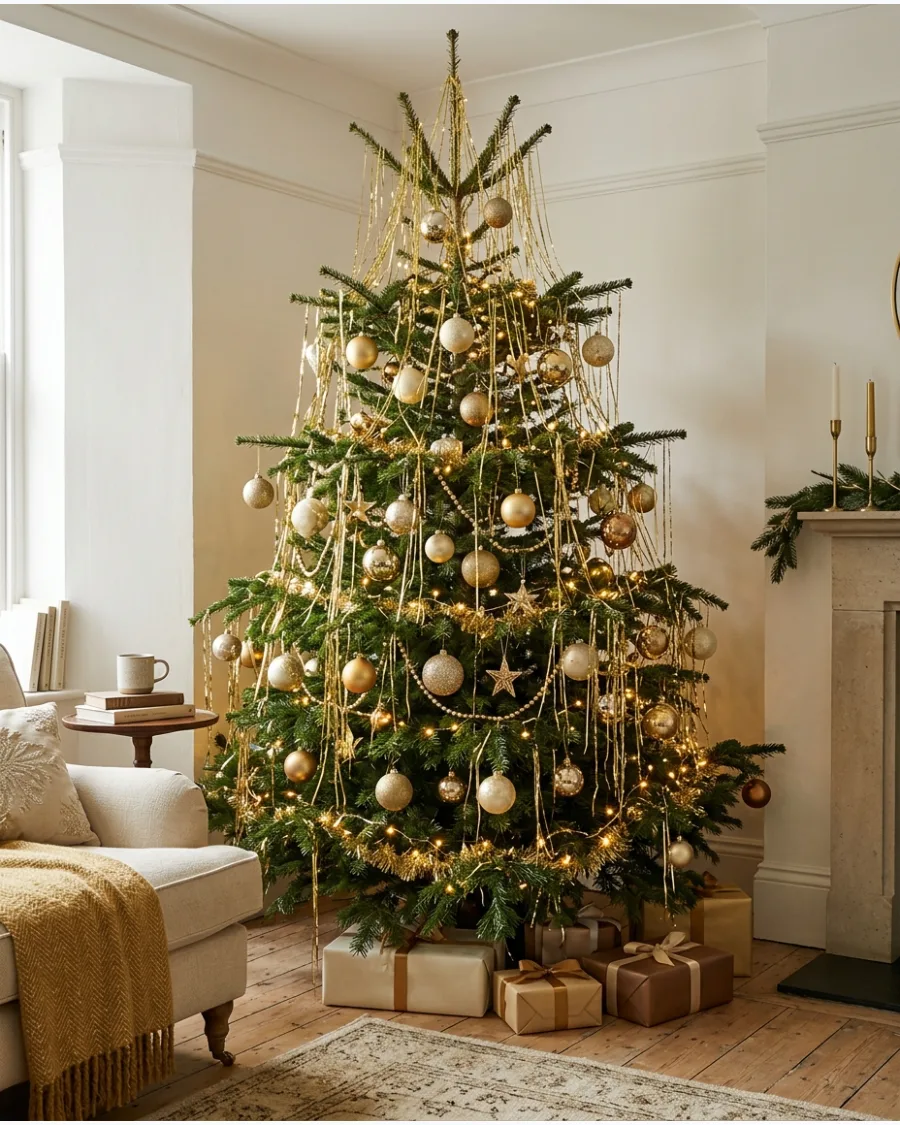 19. Gold Tinsel Christmas Tree