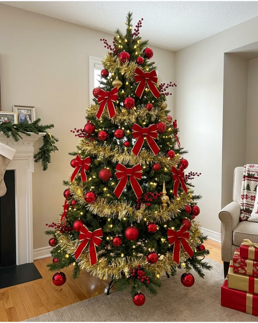 20. Gold Tinsel and Red Christmas Tree