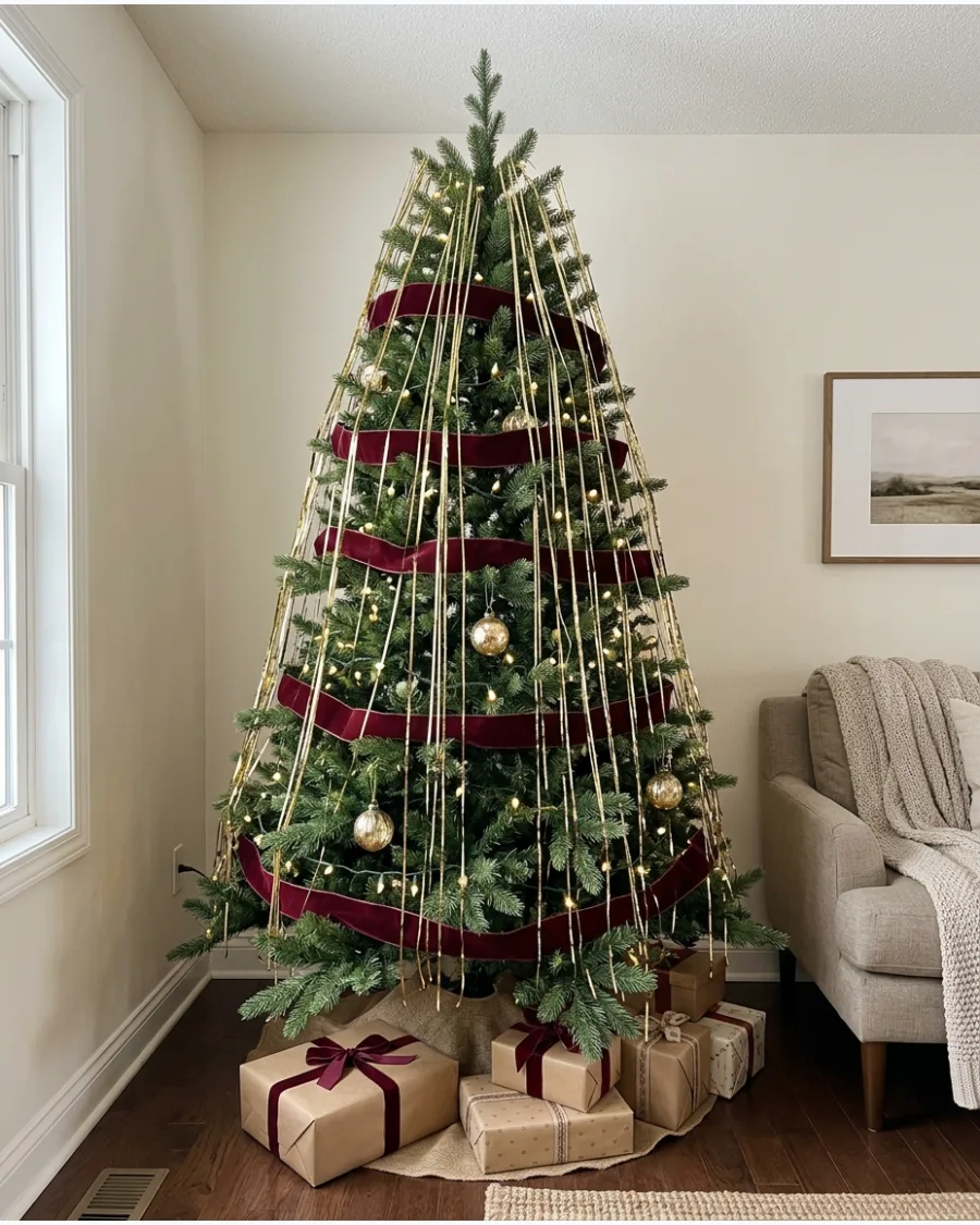 22. Gold Lametta and Velvet Ribbon Tree