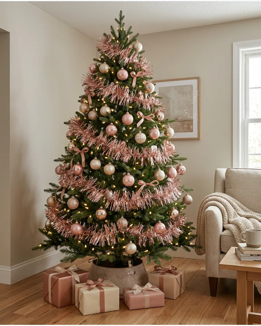 23. Rose Gold Tinsel Christmas Tree
