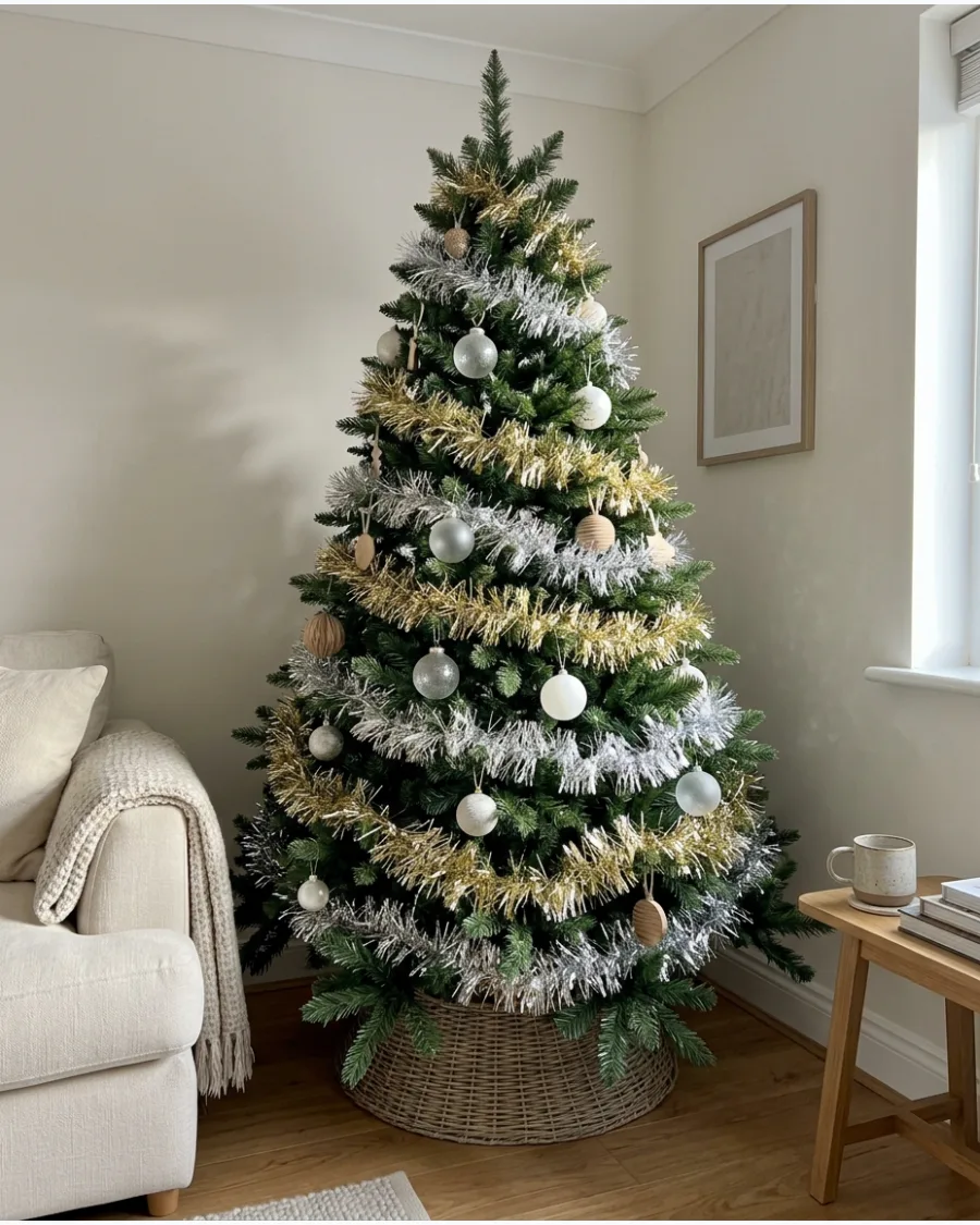 25. Gold and Silver Mixed Tinsel Christmas Tree