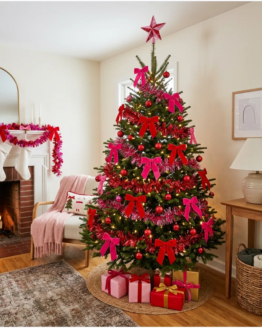 30. Hot Pink and Red Tinsel Christmas Tree