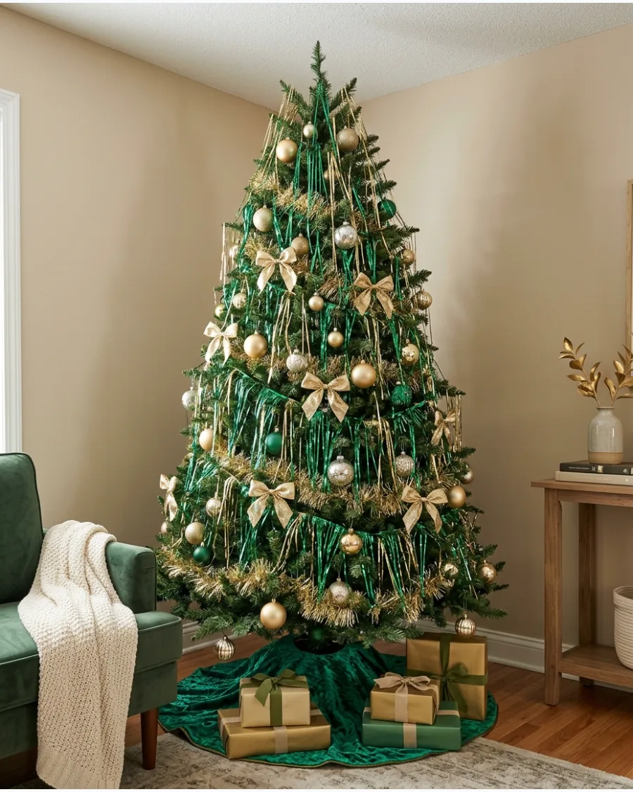 34. Emerald and Gold Tinsel Christmas Tree
