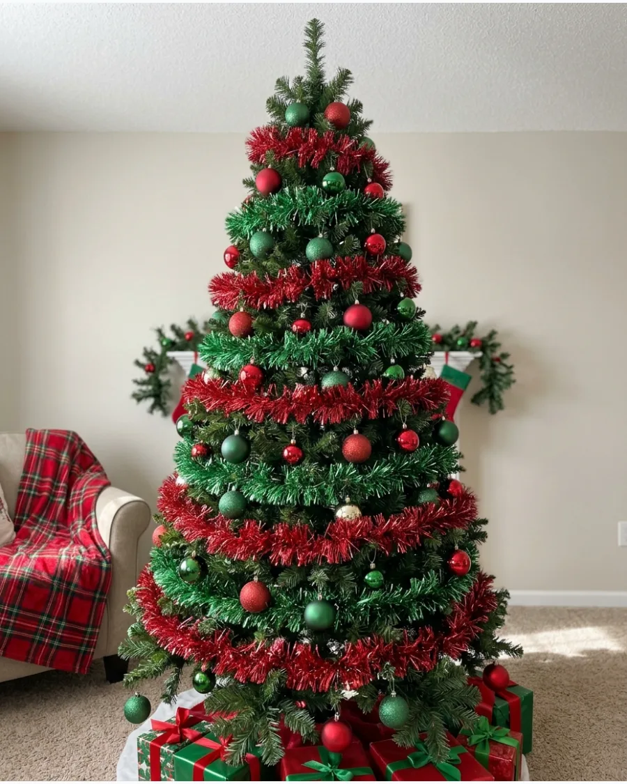 35. Red and Green Tinsel Christmas Tree