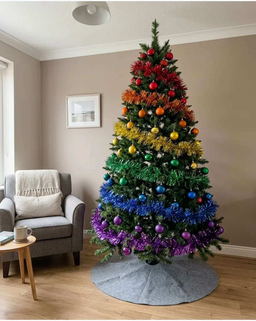 36. Rainbow Tinsel Christmas Tree