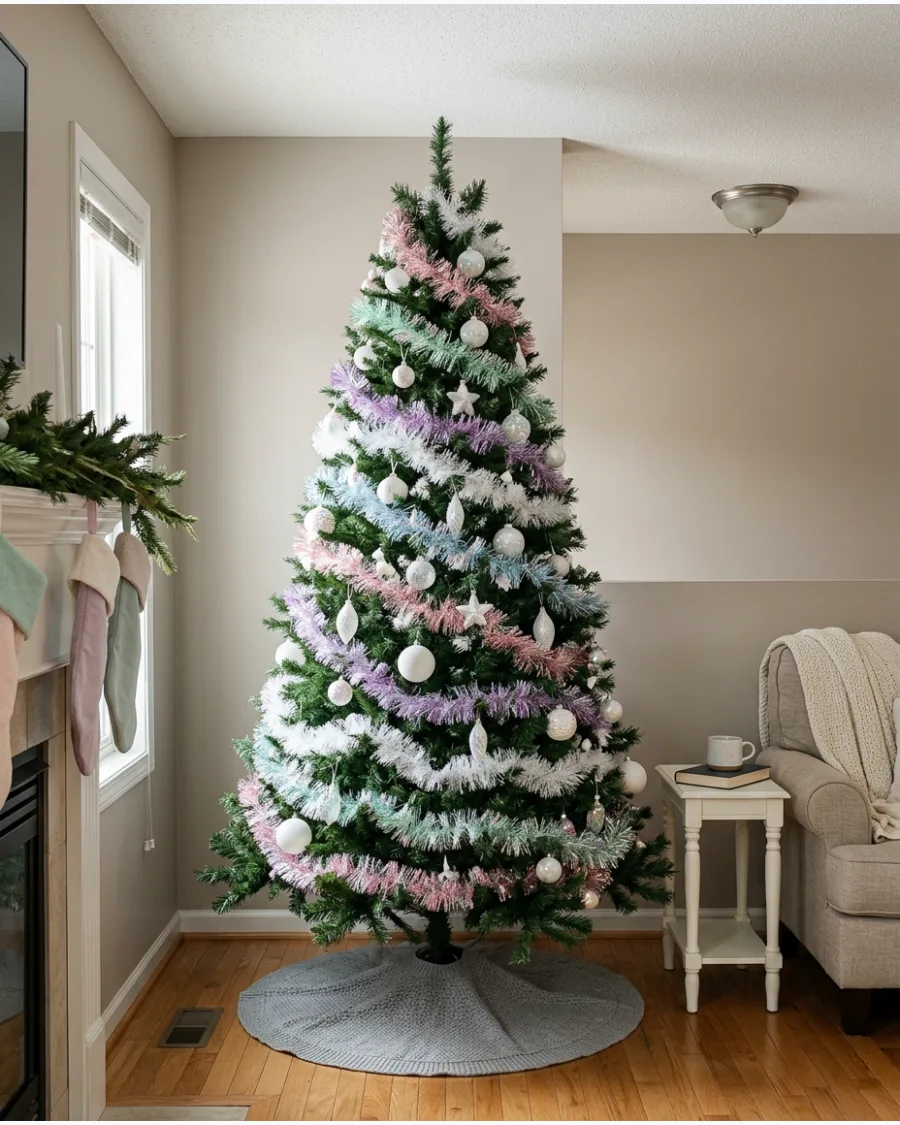 37. Pastel Tinsel Christmas Tree