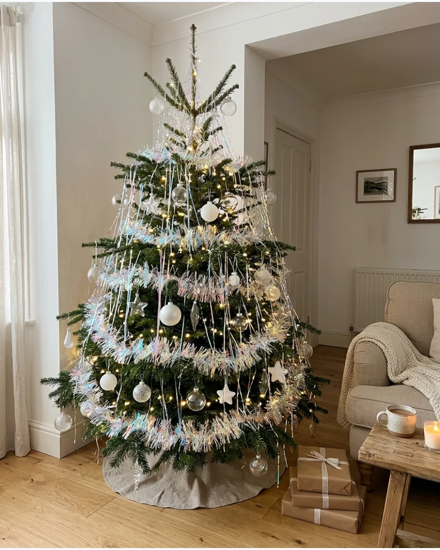 38. Iridescent Tinsel Christmas Tree