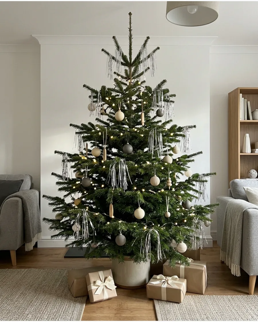 39. Modern Green Christmas Tree With Sparse Tinsel