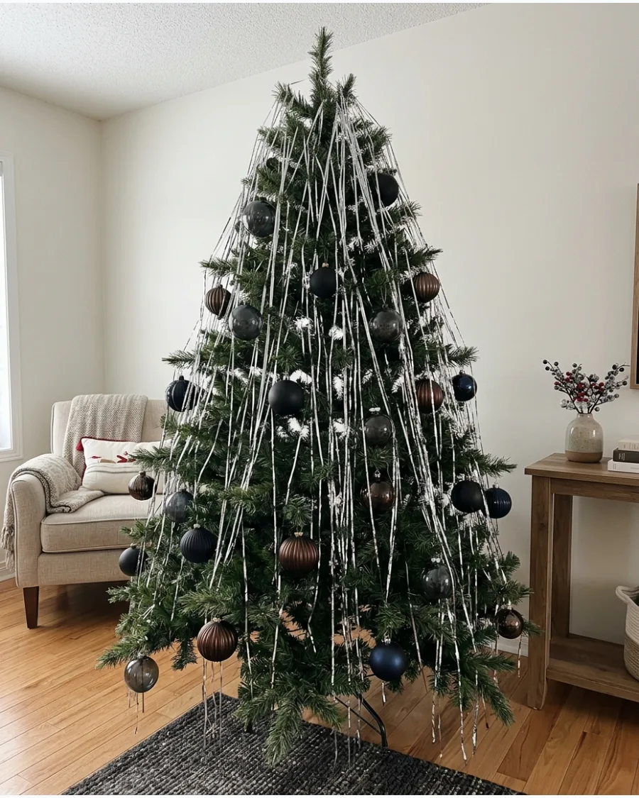 40. Modern Tinsel Tree With Dark Ornaments