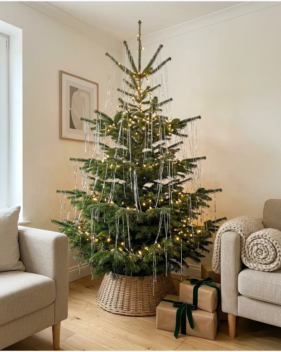 41. Minimalist Tinsel and Lights Christmas Tree