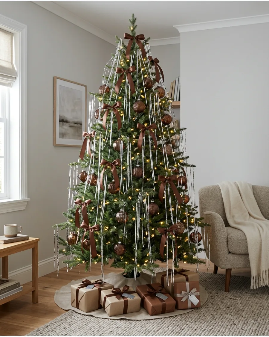 44. Brown Christmas Tree With Silver Tinsel