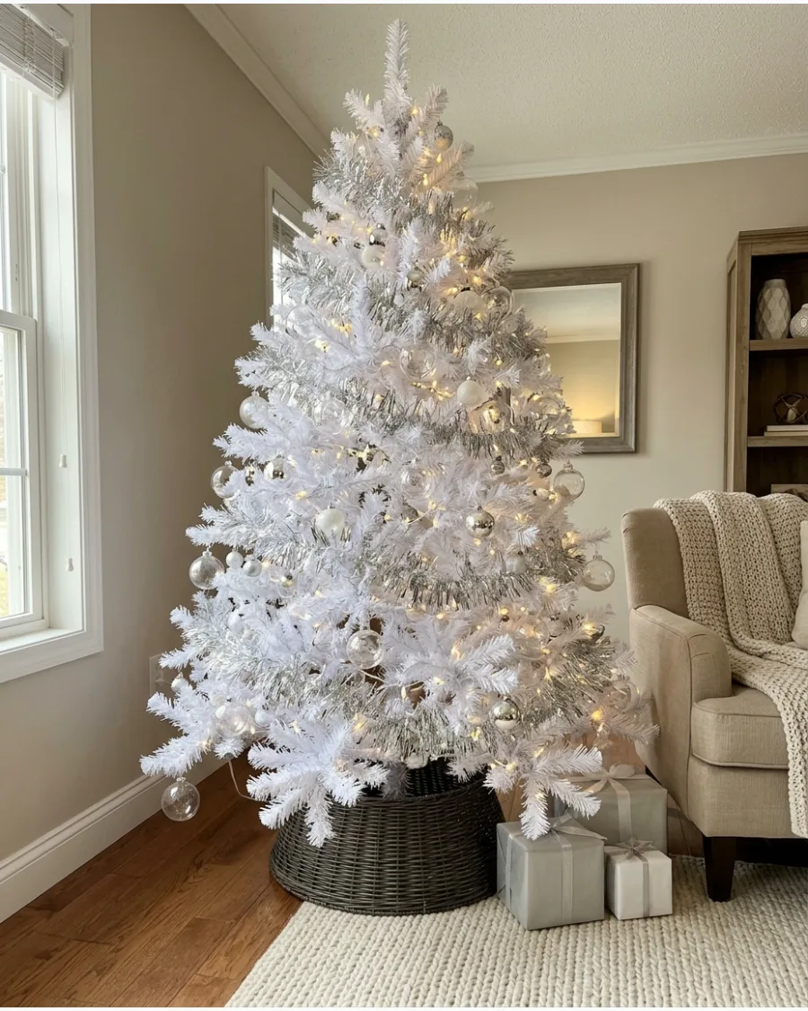 47. White Christmas Tree With Silver Tinsel
