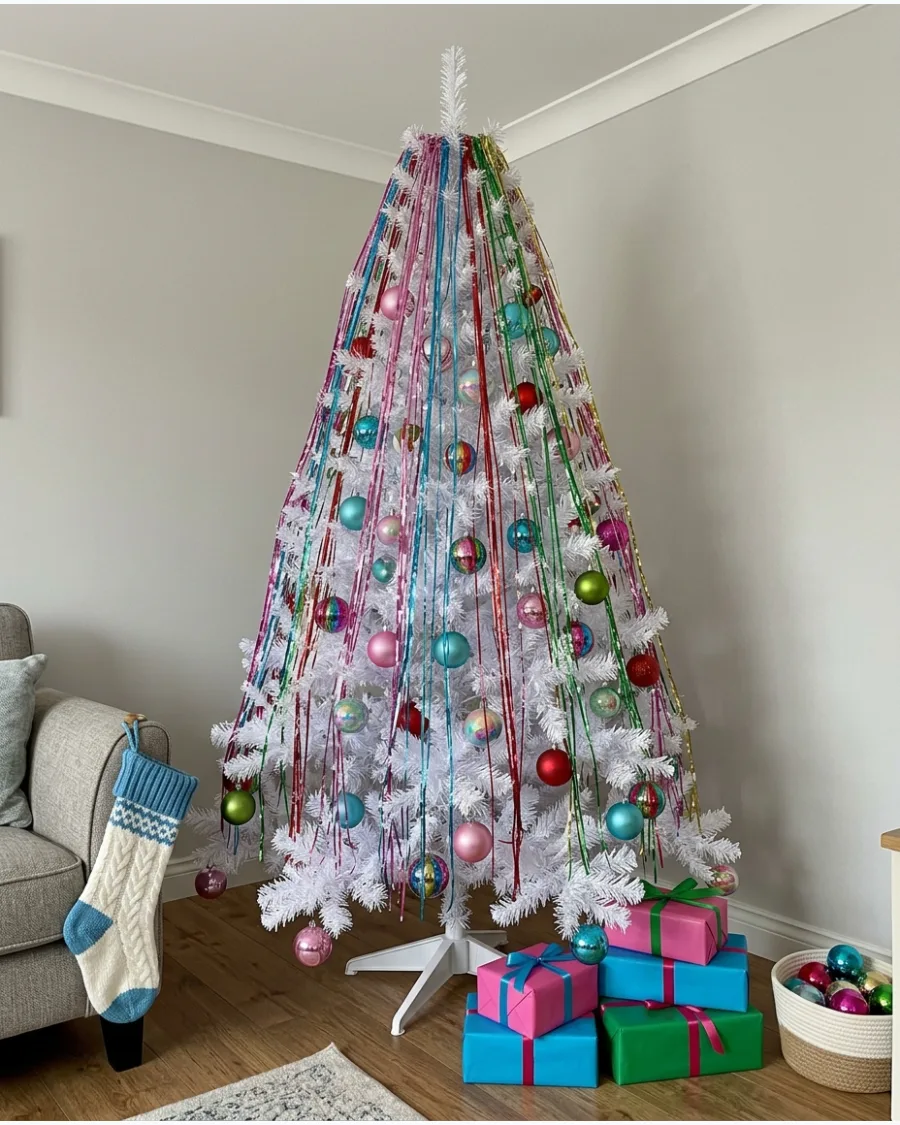 48. White Christmas Tree With Colored Tinsel